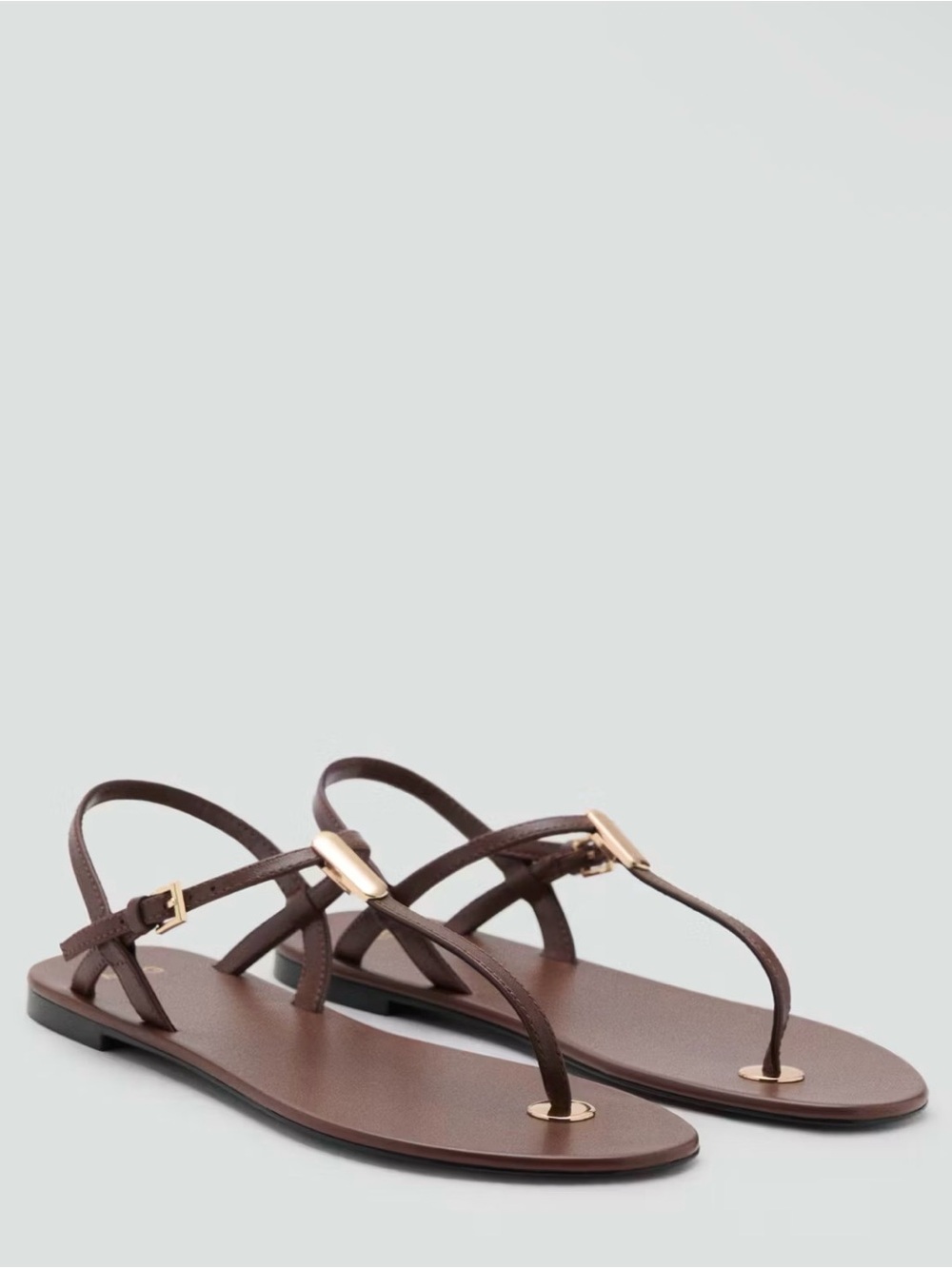 Mango MNG Women's Brown 100% Goat Leather T-Strap Flat Sandals NEW 7.5